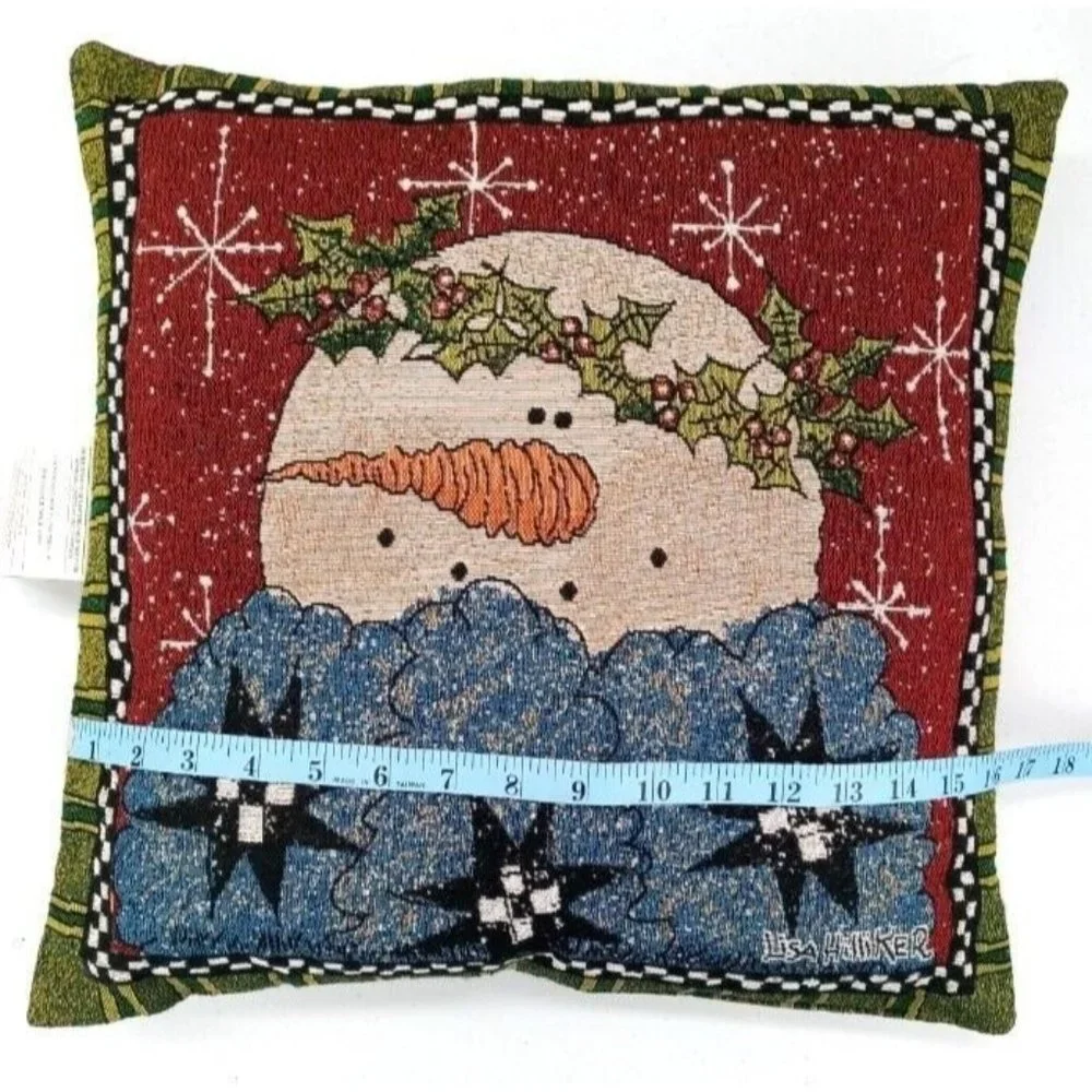 Lisa Hilliker Snowman Pillow Vintage Red Green Tapestry Mohawk USA One Fuzzy